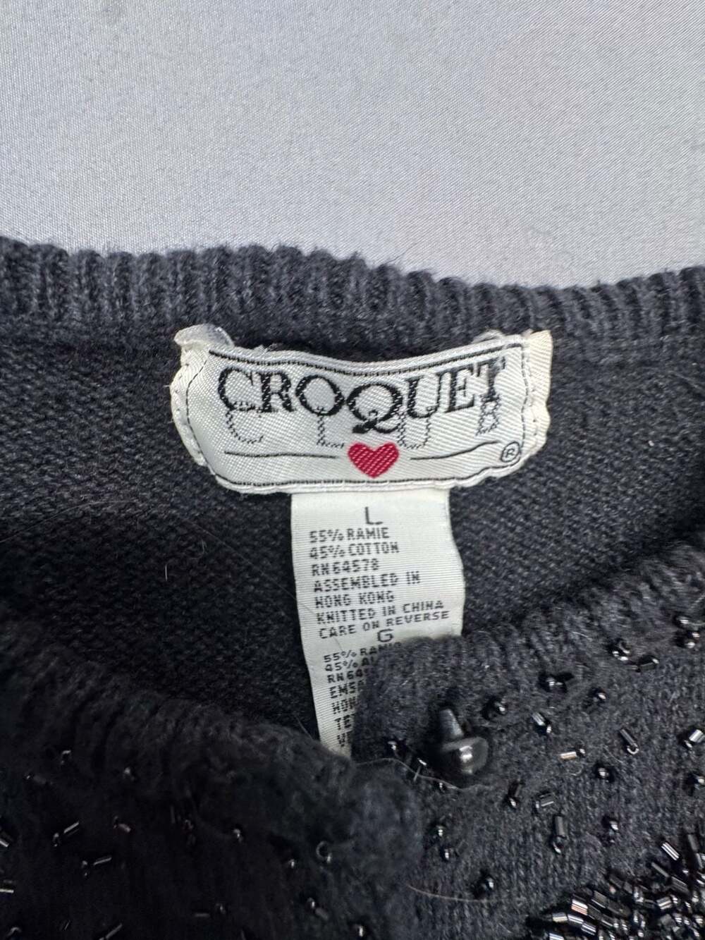 Croquet Club Beaded Cardigan Sweater Size L Black Ramie Cotton